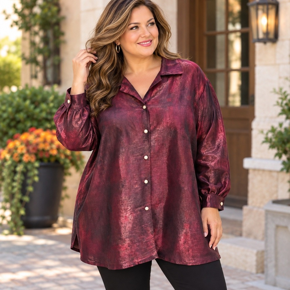 Allison Daley II Shimmer Button Down Shirt 18W Burgundy Iridescent Long Sleeve